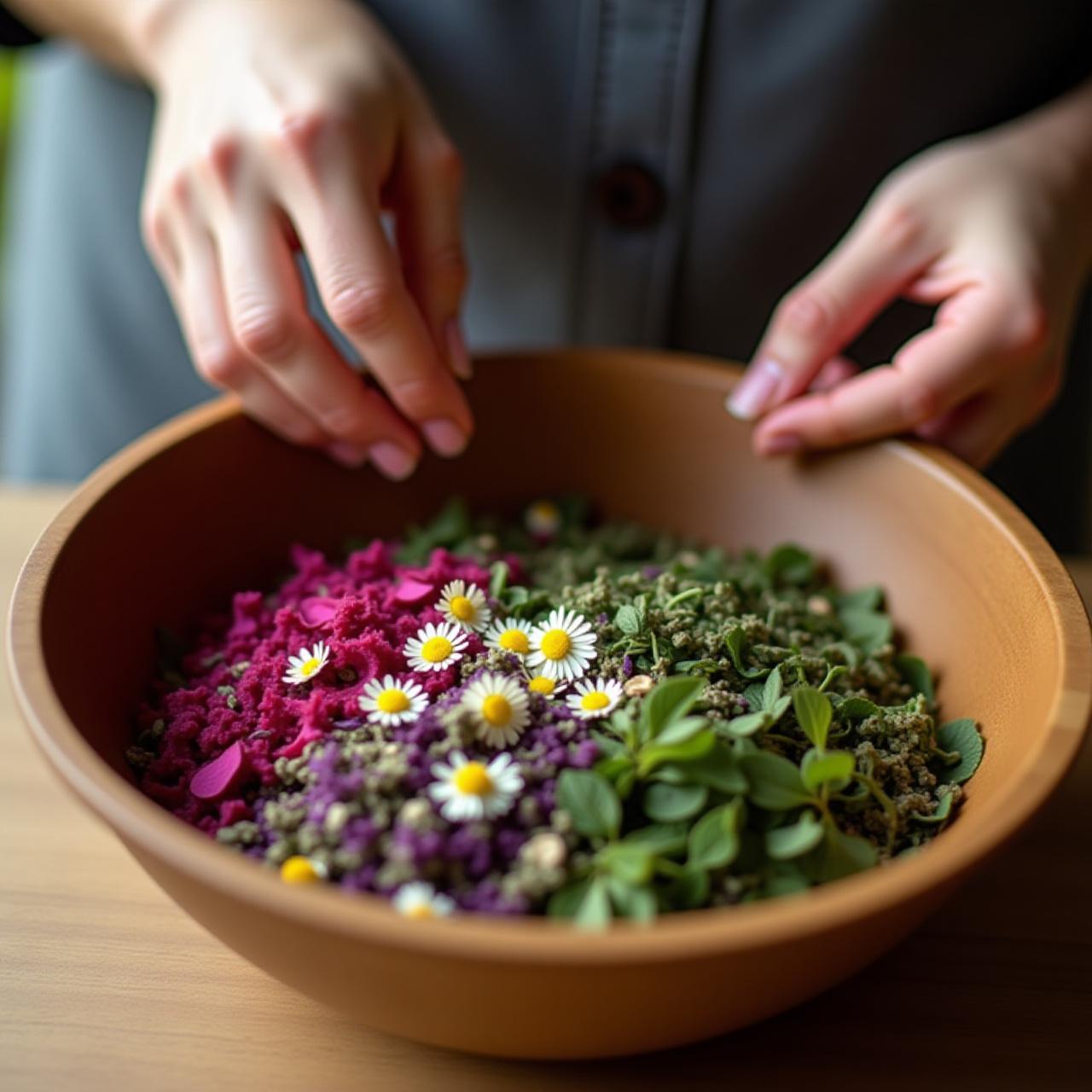 Hands blending colorful dried herbs for tea
