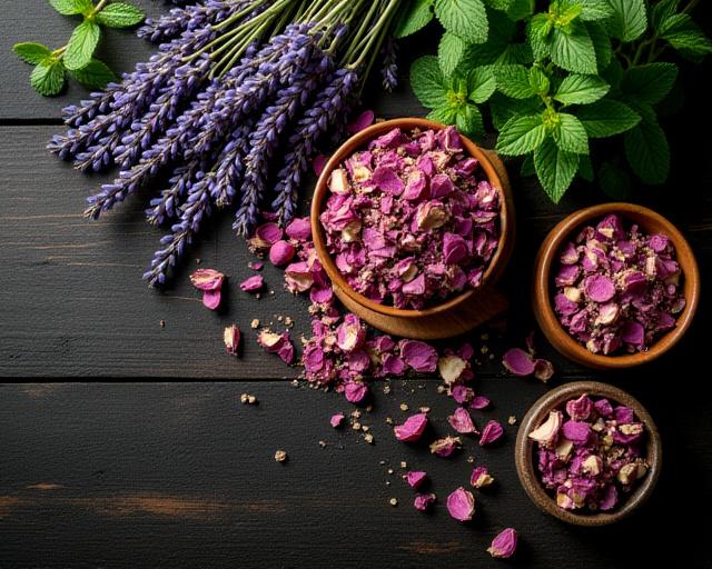 Fresh organic herbs on a wooden table