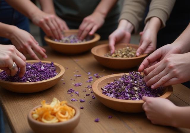 Workshop participants mixing dried herbs on a wooden table
